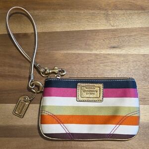 Coach Anniversary Legacy Stripe Wristlet with Metallic Gold Accents